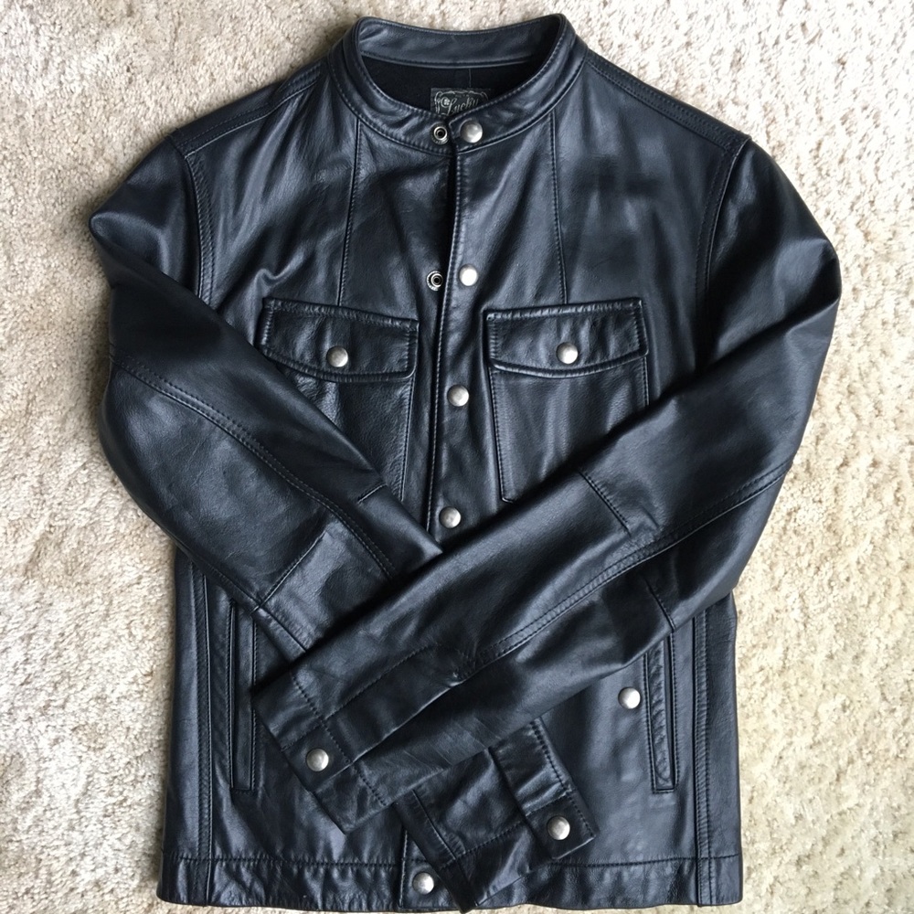 Lucky Brand Black Leather Snap-Front Motorcycle Jacket